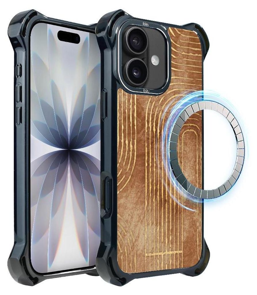 Schutzhülle für das iPhone 17, MagSafe-kompatibel, verstärkte Ecken, schwarz, braune, goldene Streifen