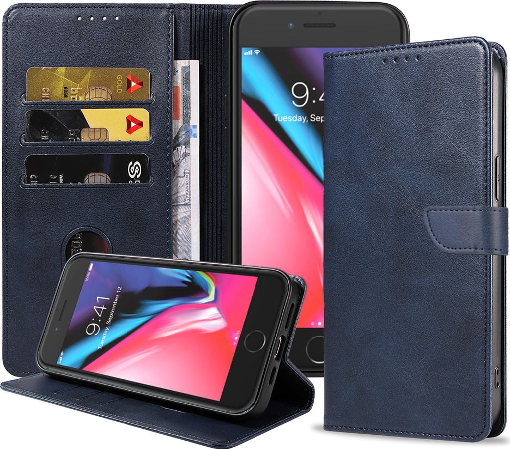 Passend für iPhone 7/8 Handytasche Kunstleder mit magnetischer Lippe und Kartenhalter Buchhülle mit Klappe - Blau - Smartphonica