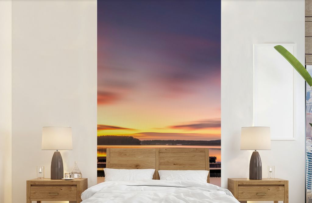 MuchoWow Fototapete für Wohnzimmer oder Schlafzimmer Wandtapete Vinyl Motivtapete Steg - Sonnenuntergang - Wasser - Meer - Spiegelung - 120x240 ...