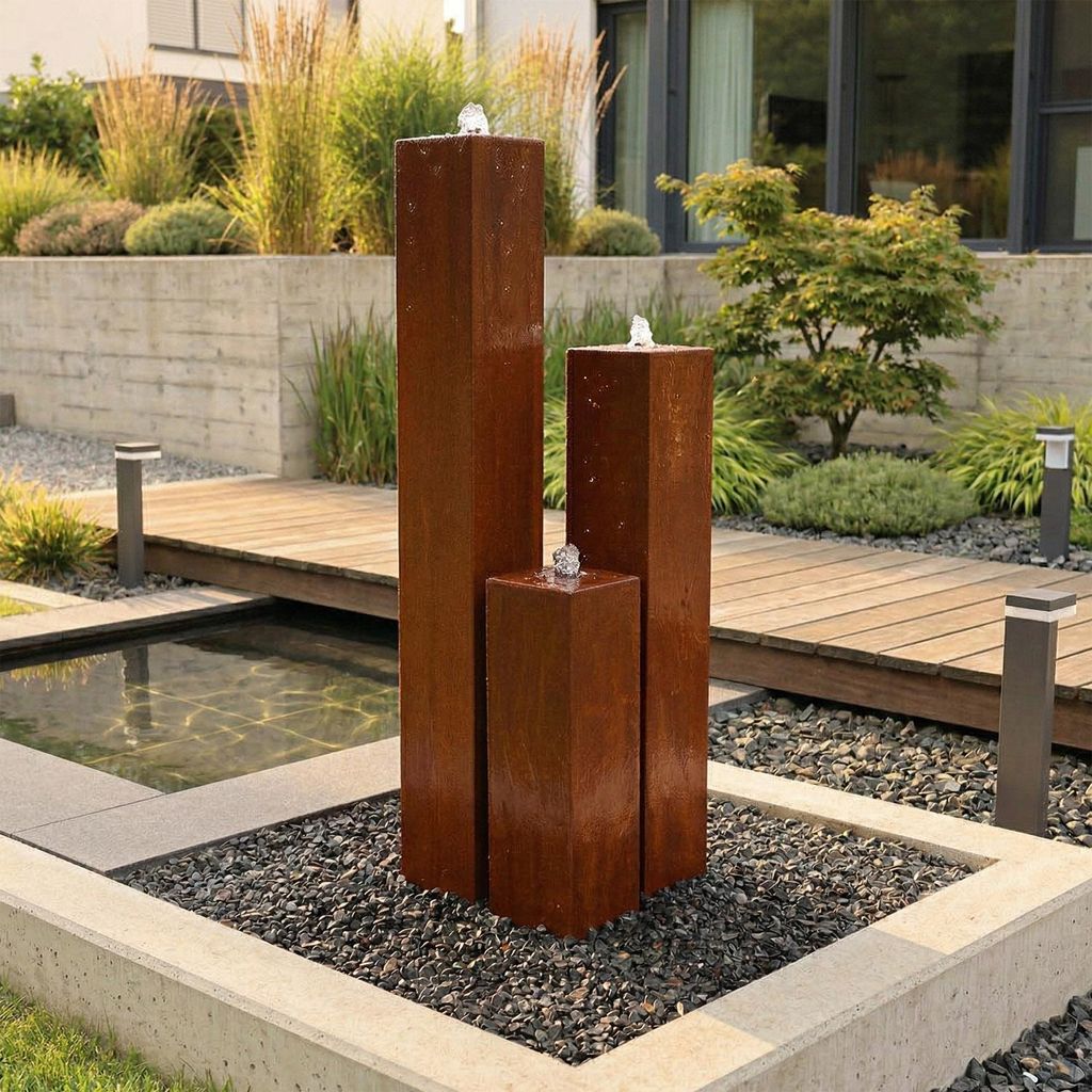 CLGarden Cortenstahl Säulenbrunnen CSBS75 Gartenbrunnen Edelrost Metallbrunnen Outdoor 3 Säulen Eckig Brunnen Set mit LED Beleuchtung