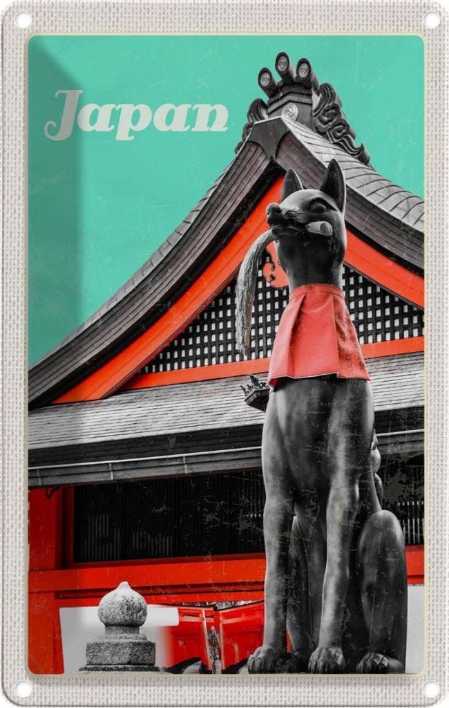 vianmo Blechschild 18x12 cm Japan Miyajima Tempel Kitsune Statue Bildmotiv Reisemotiv Abenteuer Reisen Urlaub