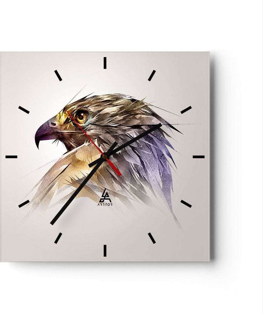 Wanduhr - Quadrat - Glasuhr - Adler Vogel Feder - 40x40cm - Schleichendes Uhrwerk - Lautlos - zum Aufhängen bereit - Dekoration Modern - Wanddekor...