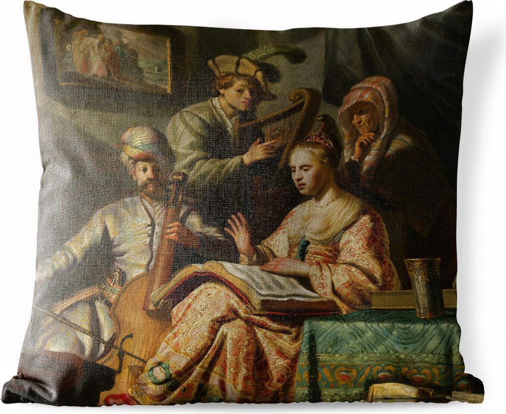 MuchoWow Outdoor Kissen - Die Gesellschaft des Musikers - Rembrandt van Rijn - 60x60 cm - Wetterfest - Lounge Kissen - Dekoration - Schlaf Kissen