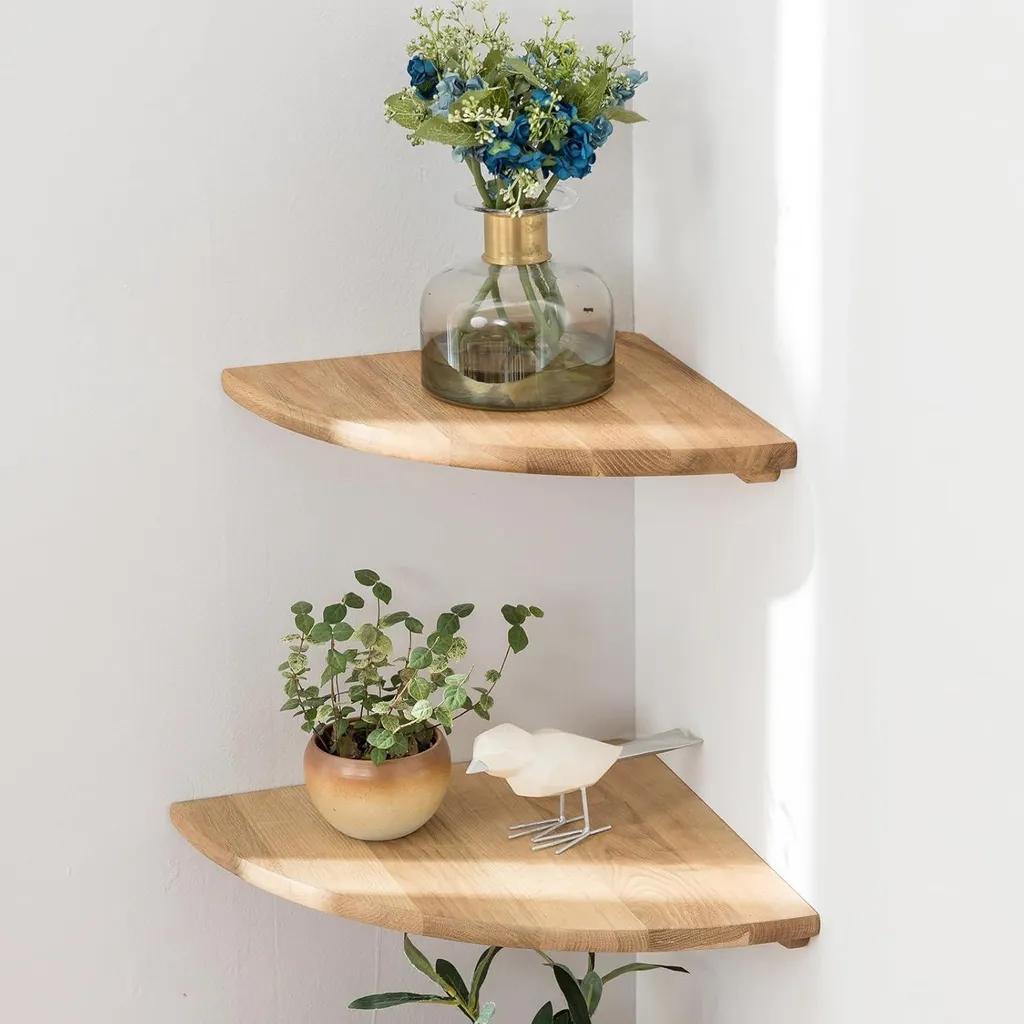 Petite étagère murale d'angle gain de place en bois - Duo chêne massif
