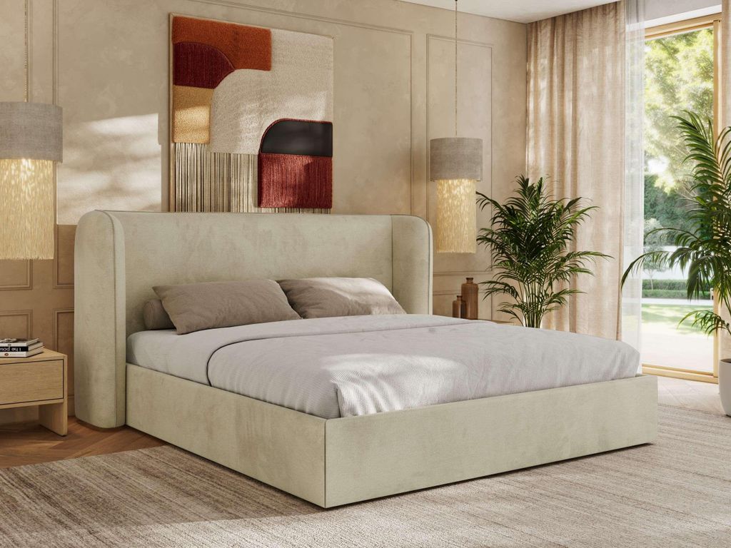 MKS MEBLE Doppelbett Polsterbett EMORA CLASSIC Bett Holzgestell hohes Kopfteil 180x200 Beige Velvet