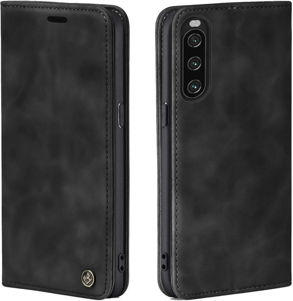 A black flip case for a smartphone is shown from two angles.