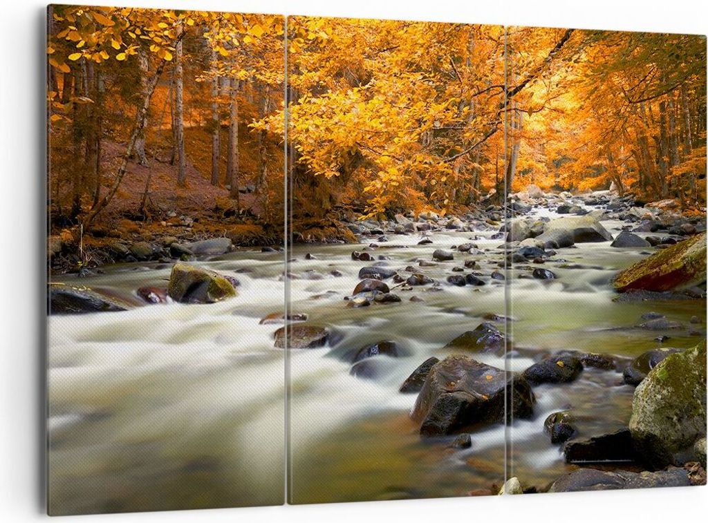 Bild auf Leinwand - Leinwandbild - Stream Herbst Forrest Berg - 165x110cm - Wand Bild - Wanddeko - Leinwanddruck - Bilder - Kunstdruck - Wanddekora...