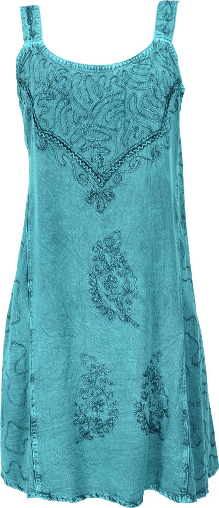 Besticktes Indisches Minikleid Boho Chic, Hippie Tunika - Türkisblau Design 16, Damen, Viskose, Kleider