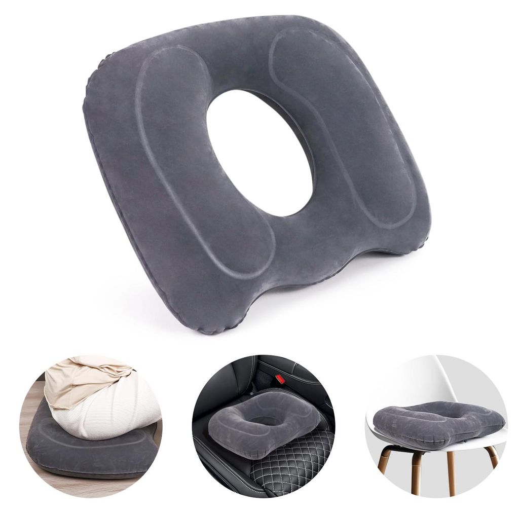 Aufblasbares Sitzkissen, orthopädisches Donut-Kissen für langes Sitzen, verstellbar für Auto, Büro, Reisen, Flugzeug, 45 x 39 x 10 cm (grau)