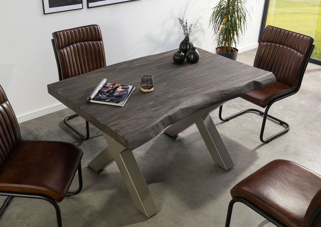 MASSIVMOEBEL24 Baumtisch Mango 160x90x77 grau lackiert / X-Beine silber matt FREEFORM 5
