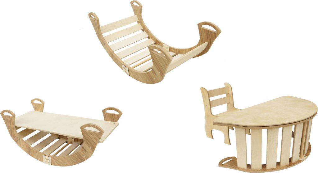 Skyline Set 5w1 Holz Kletterbogen, Klettergerüste, Wippe, Holzbogen für Kinder Montessori Tisch mit Stuhl und Rutsche, mod.B, 85x42x36cm, Eicheni...