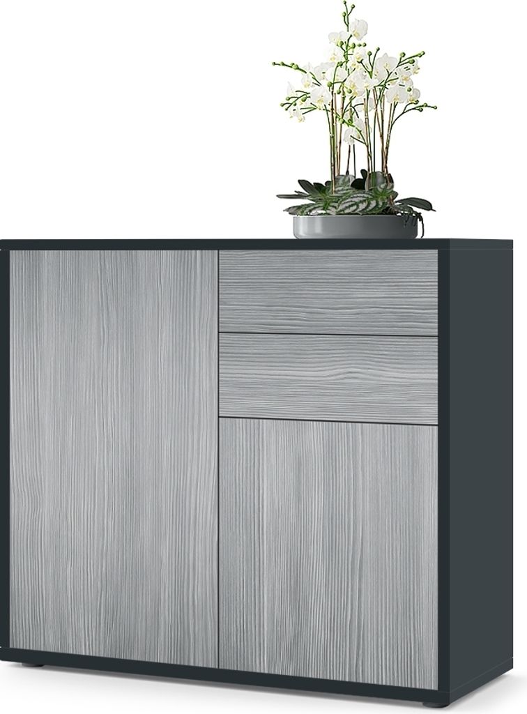 Vladon Sideboard Ben, Germany, Kommode mit 2 Türen und 2 Schubladen, Schwarz matt/Avola-Anthrazit (79 x 74 x 36 cm)
