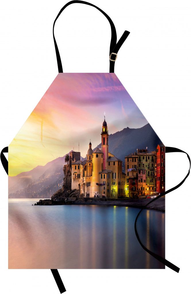 ABAKUHAUS Stadtbild Kochschürze, Alte Mittelmeerstadt Camogli von Italien bei Sonnenaufgang-bunter szenischer Landschaft, Farbfest Höhenverstellb...