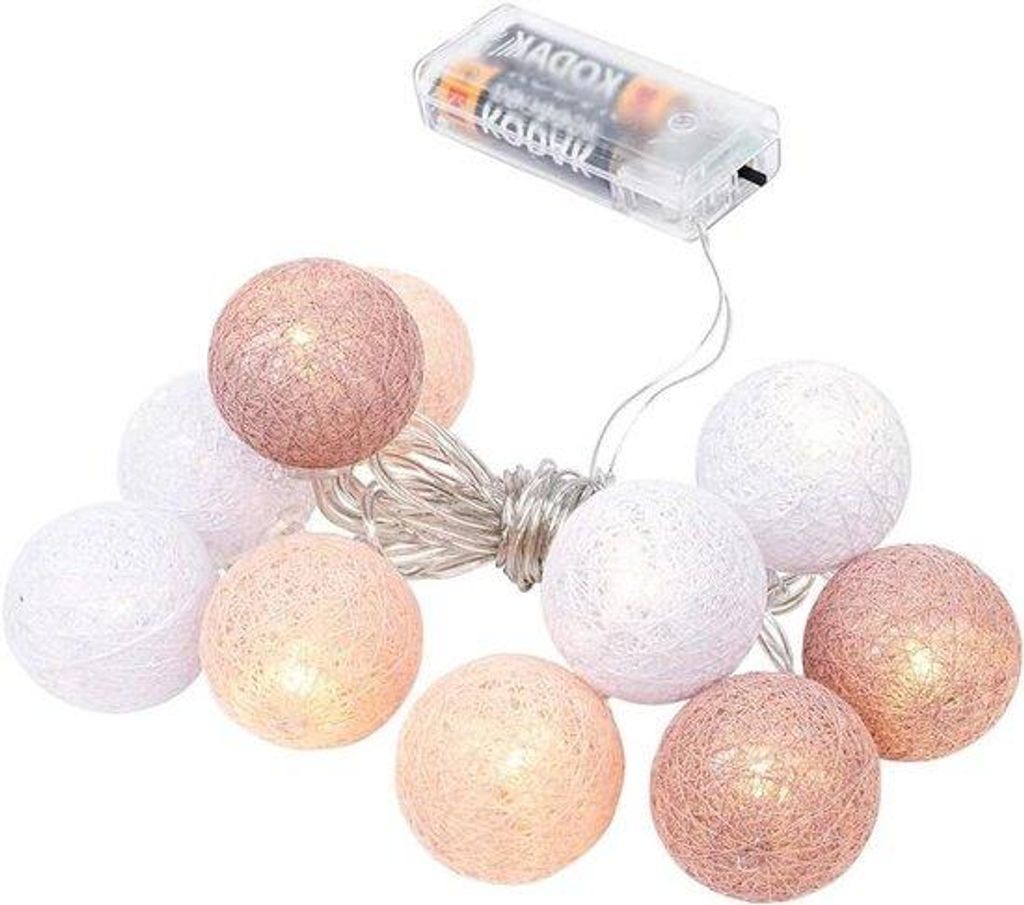 Kettenleuchte mit 10 LEDs, 10 Baumwollbällen, Timer, 3 Farben