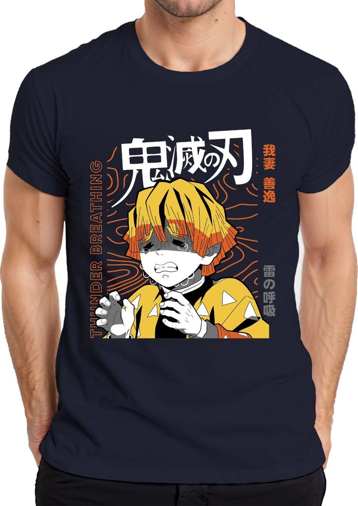 Zenitsu Demon Slayer Anime Manga weinend Blitz Geschenk Japan Y2K Streetwear Herren T-Shirt, Navy, XL