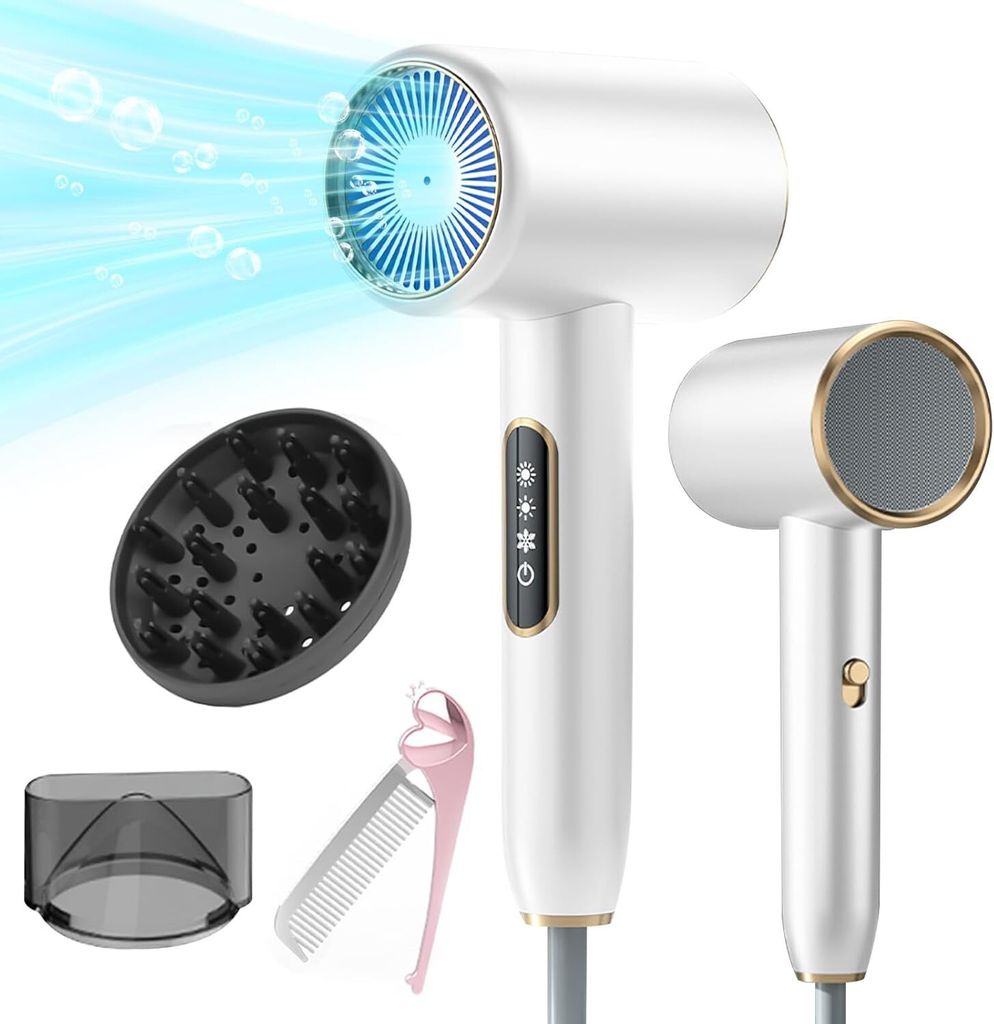 Haartrockner Mit LCD-Anzeige,3 Temperatureinstellungen,2-Gang,Schnelltrocknen Hair Dryer mit Diffusor und Stylingdüse/Klappkamm,für Reisen/Familie