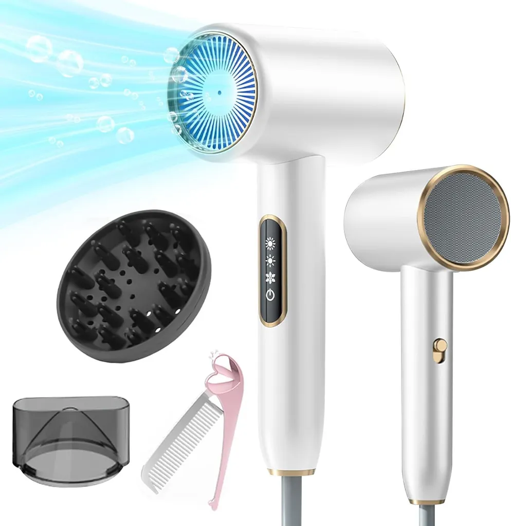 Asciugacapelli con display LCD, 3 impostazioni di temperatura, 2 velocità, asciugacapelli ad asciugatura rapida con diffusore e ugello per lo styling/pettine pieghevole, per viaggiare/famiglia
