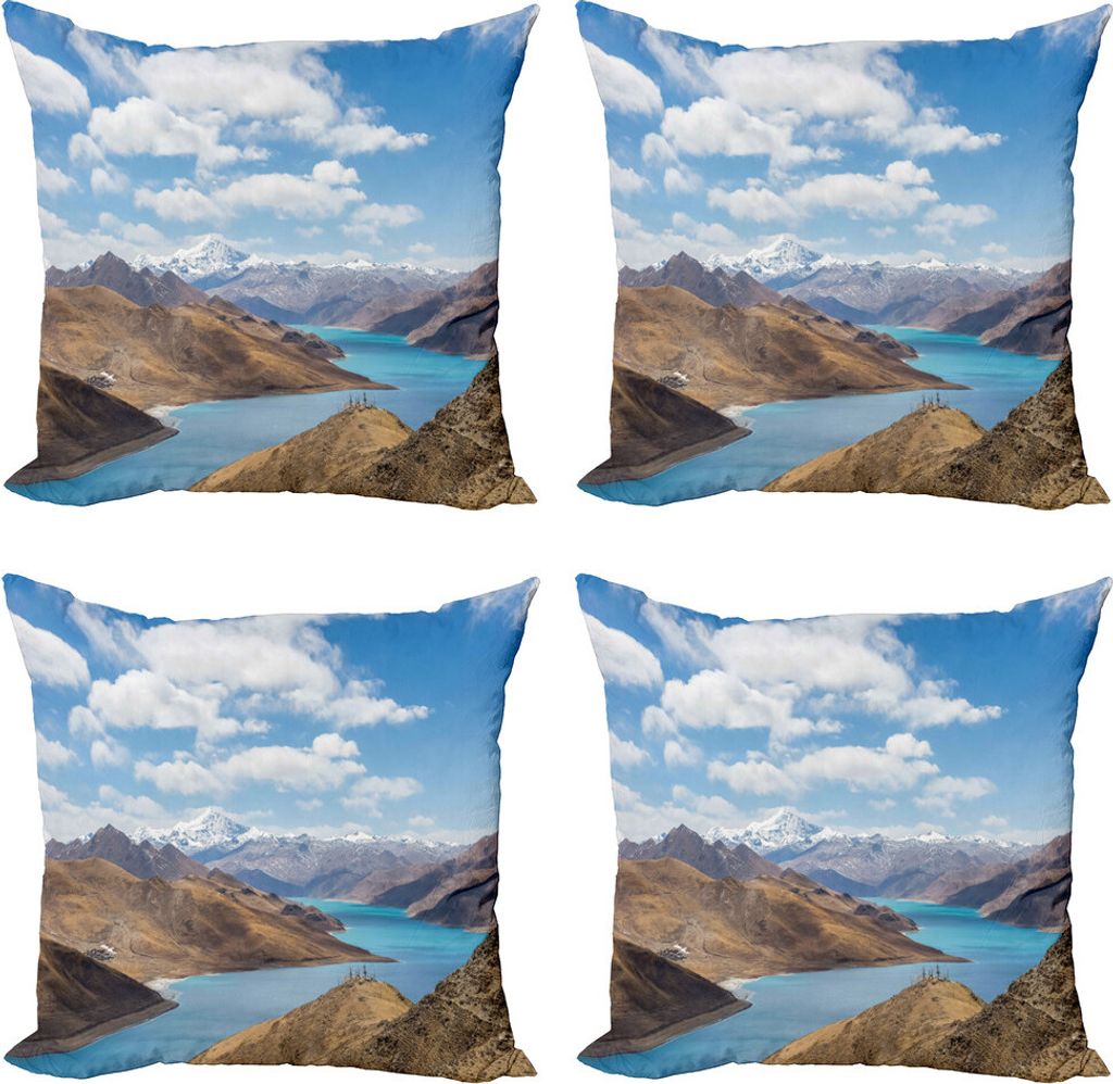 ABAKUHAUS Tibetisch Kissenbezug Set (4 Stück), Fluss Snowy Mountains, Moderner Doppelseitiger Digitaldruck, 60 cm x 60 cm, Pale Brown Blassblau