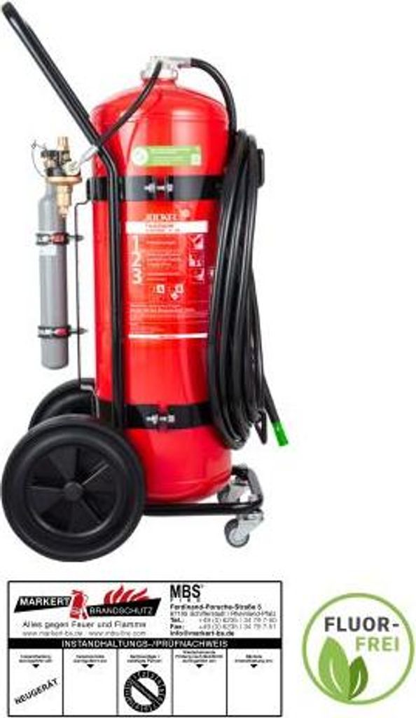 Jockel 50L fluorfreier Schaum-Feuerlöscher fahrbar mit 10 m Schlauch inkl. Plakette