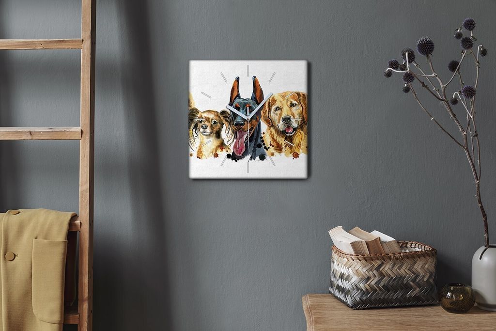 Coloray Hodiny Unikátní 30x30 cm Tiché hodiny Pro obývací pokoj a kuchyň Nástěnné hodiny Plátno Bílé ručičky hodin - Domácí psi