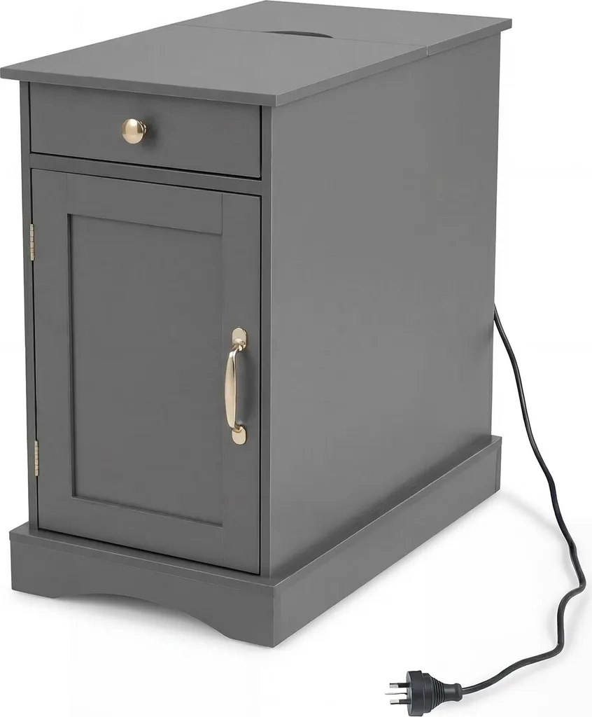 Table de chevet bois gris avec prises intégrées et étagère ajustable