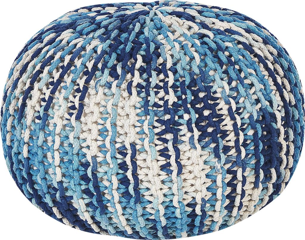 BELIANI Pouf Weiß und Blau Baumwolle 50 cm Rund Gefochten Gestrickt Strickhocker Strickpouf Boho für Wohnzimmer Schlafzimmer Deko Haushalt Wo...
