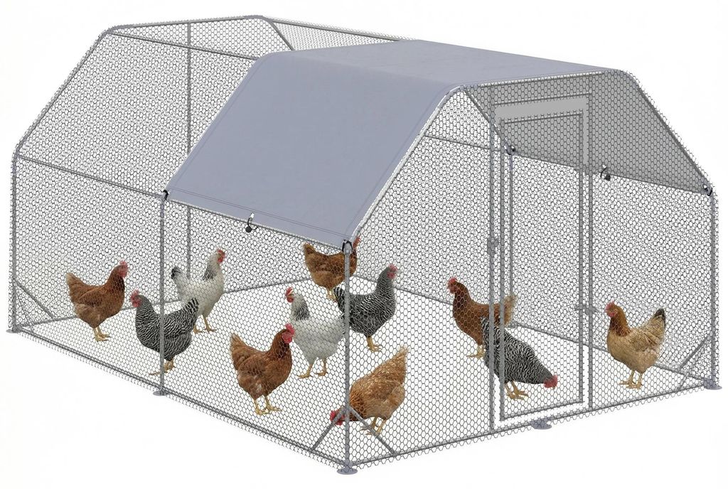 Hühnergehege - Freilaufgehege für Hühner - Große Voliere 280x380x195 cm - Edelstahlkonstruktion - Mit Tür - Für Außenbereich
