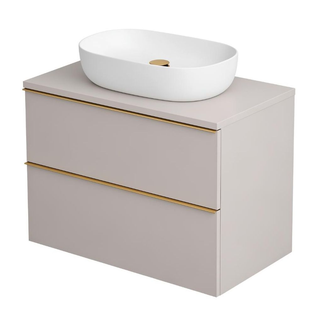 A bathroom vanity with a sink on top, shown against a white background.
