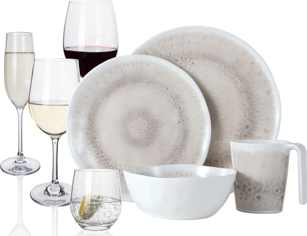 Melamin Camping Geschirr Set 4 Personen Amboss Design 16 Teilig + 16 Gläser Wasser Weingläser Champagner Tafelgeschirr Picknick BBQ Kochgeschirr