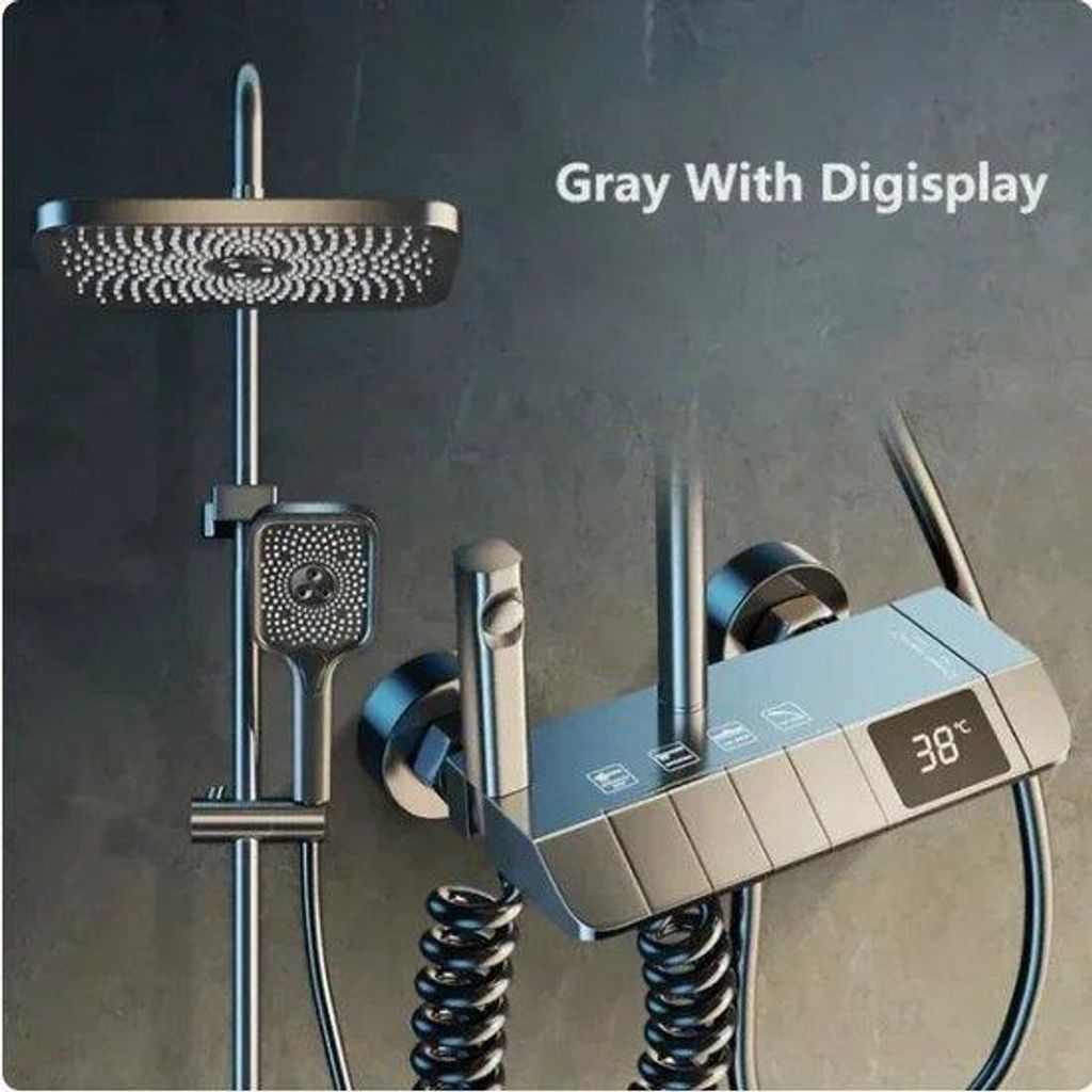 Digitale Dusseinrichtung - Grau/Stahl - LED-Anzeige - Regendusche - Thermostat für die Badewanne - ABS-Kopf- und Handdusche - 4-fach-Funktion