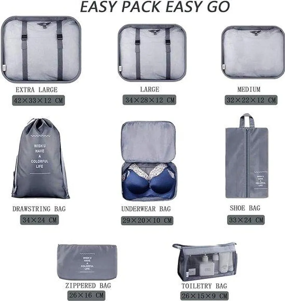 Set de rangement valise 8 pièces : cubes de compression ultra légers