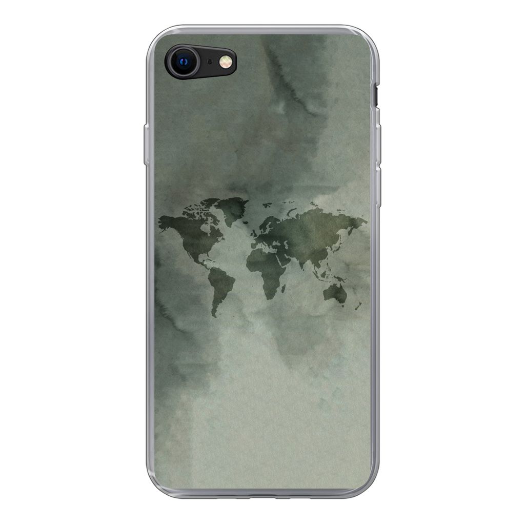 MuchoWow Handyhülle Schutzhülle Hülle für iPhone 8 Weltkarte - Grün - Grau Silikon Softcase Handy Hülle - Schutzhaube