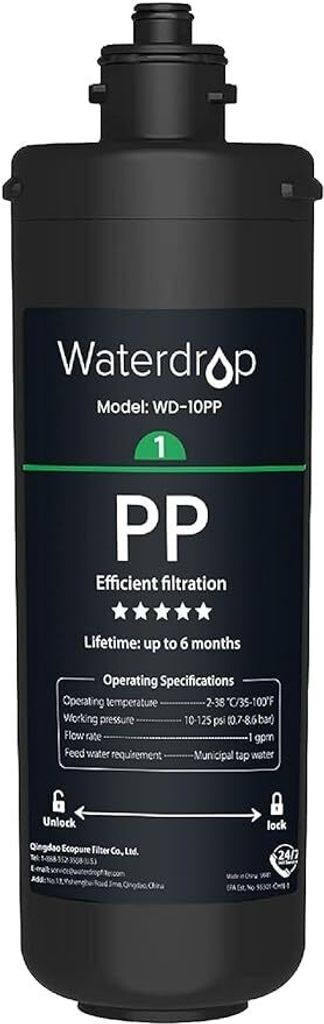 A black water filter cartridge with product information printed on it.