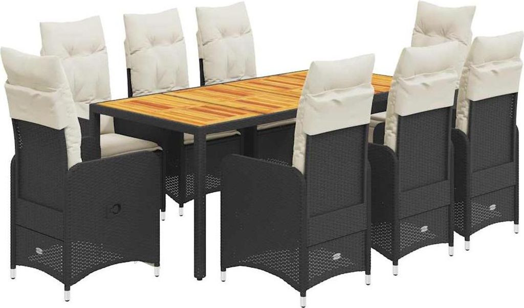 vidaXL 9-tlg. Garten-Bistro-Set mit Kissen Schwarz Poly Rattan