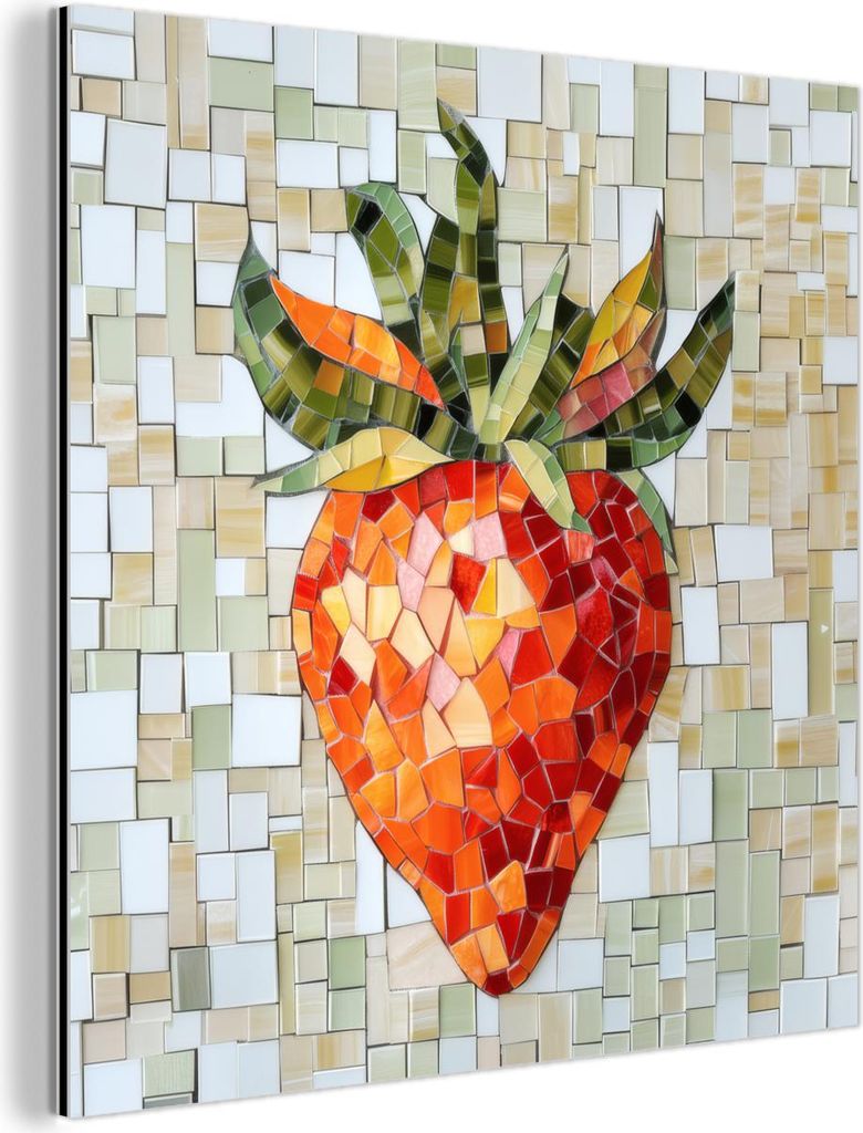 MuchoWow Wanddekoration Metall Metallbild Wandkunst 90x90 cm Erdbeere - Rot - Mosaik - Obst MuchoWow Aluminium Gemälde - Dekoration - Industrial -...