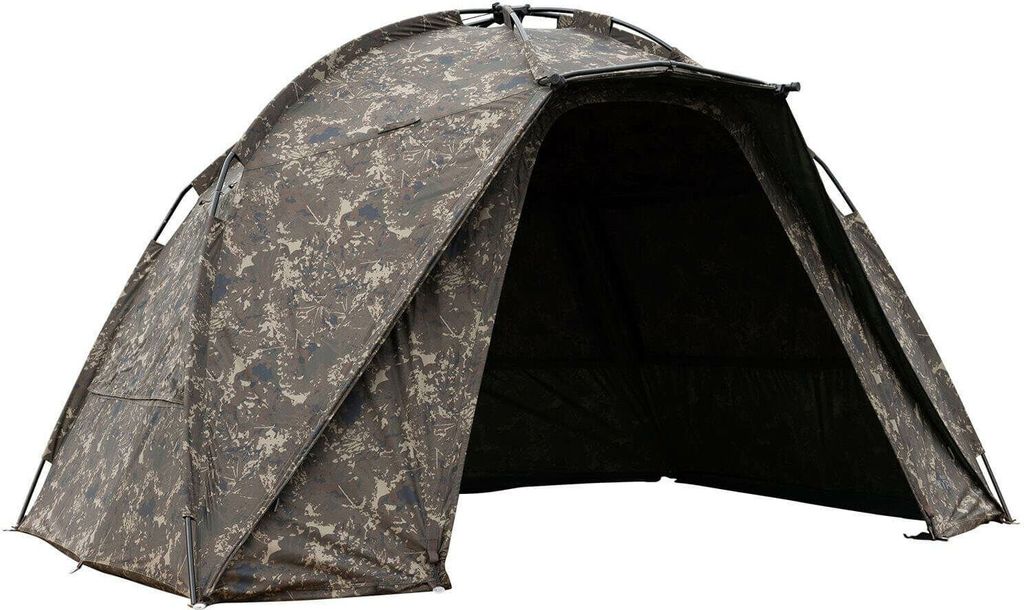 A camouflage tent is shown against a white background.