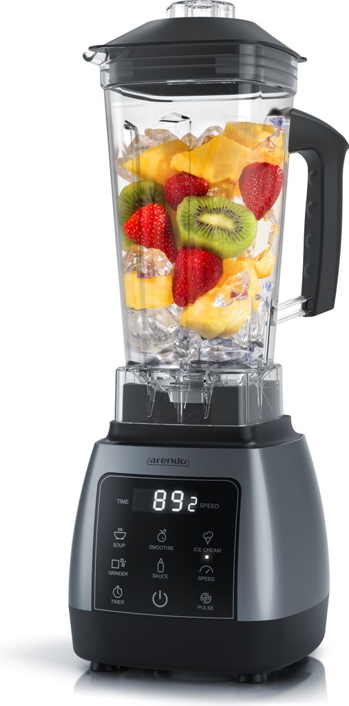 A stand mixer filled with fruit and ice, set against a white background.