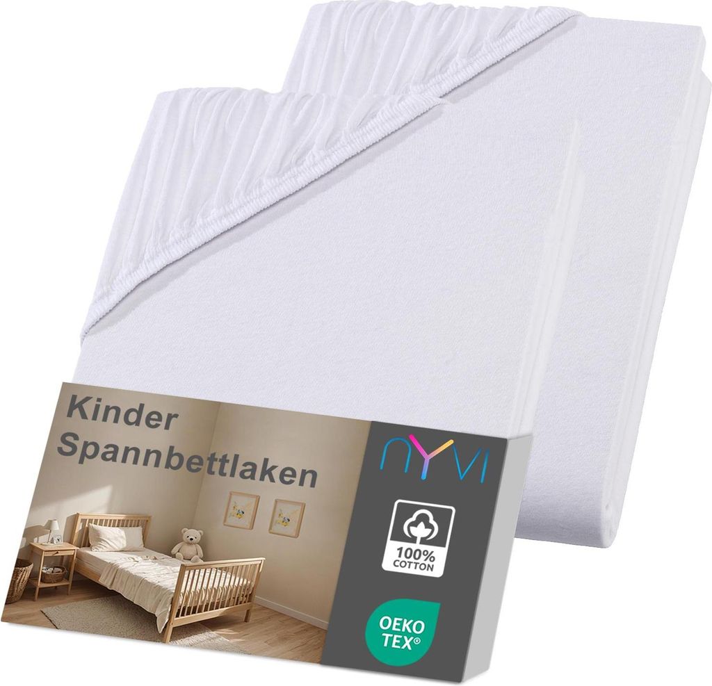 NYVI Kinder Spannbettlaken Junior 70x140 cm weiß 2er Set für Kinderbettmatratzen bis 12cm Höhe - Weich & Anschmiegsam, Rundumgummizug, Bügelfrei