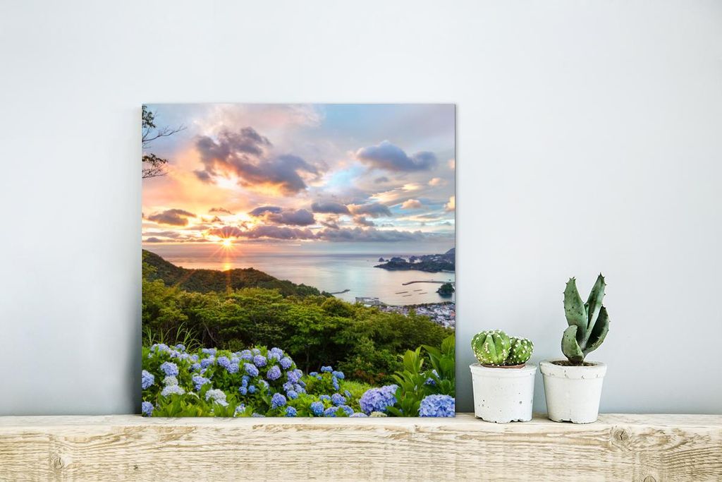 MuchoWow Wanddekoration Metall Metallbild Wandkunst 20x20 cm Hortensienblüten im Sonnenuntergang MuchoWow Aluminium Gemälde - Alu Dibond Bilder