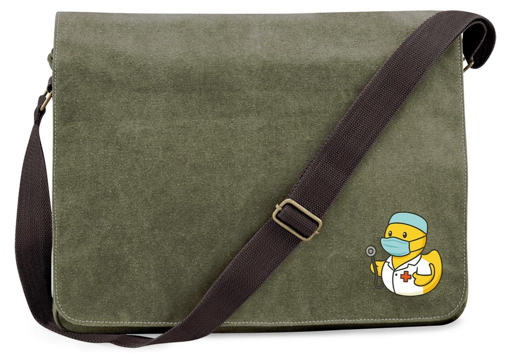 Huuraa Umhängetasche Quietscheente Medizin Comic Gummiente 14 Liter Military Green Canvas Laptoptasche Geschenkidee