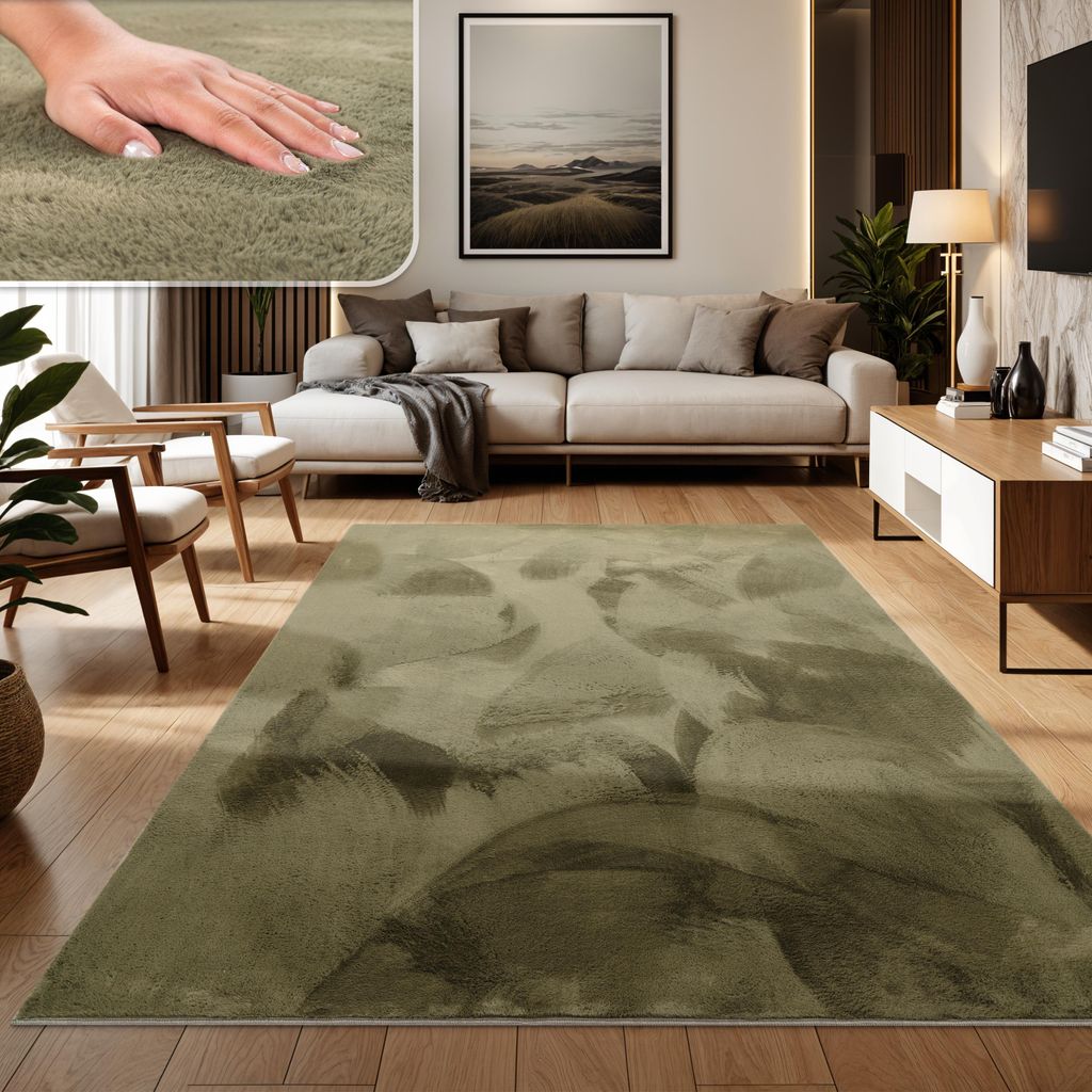 Teppich Wohnzimmer Kunstfell Shaggy Hochflor Waschbar In Waschmaschine Soft Grün Grösse 80x150 cm
