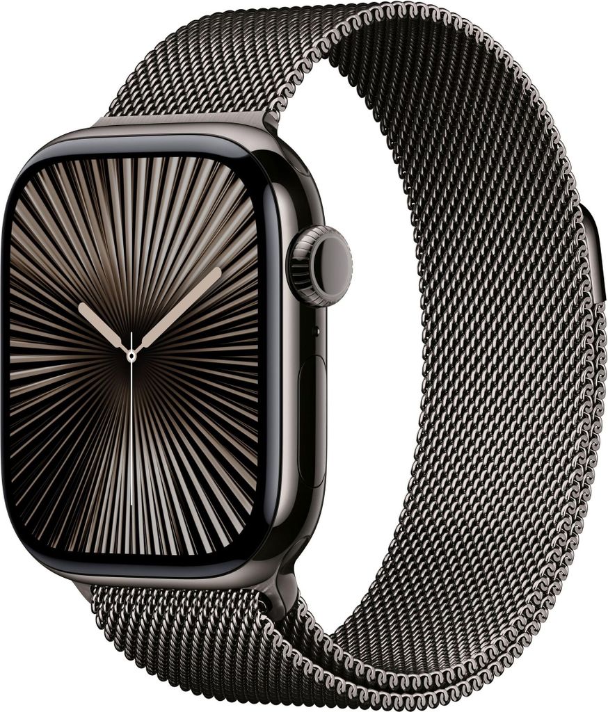 A close-up studio shot of an Apple Watch with a Milanese Loop band.