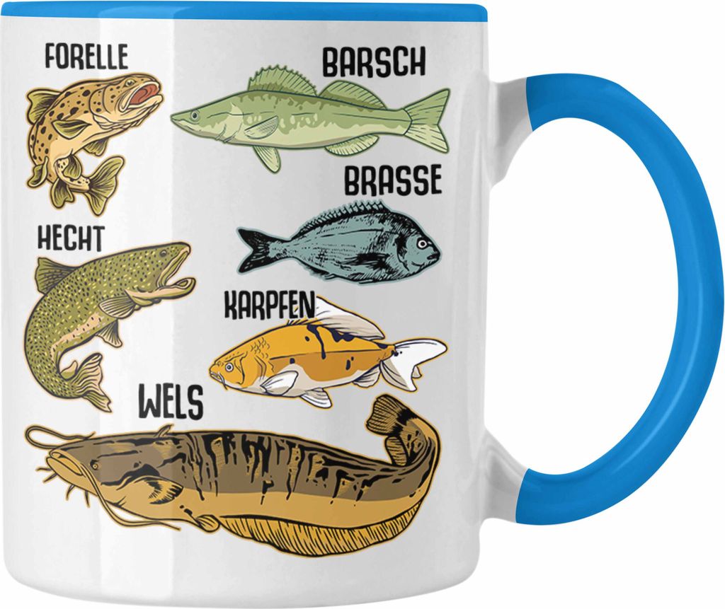 Trendation - Angler Fischer Tasse mit Fischarten Geschenk Raubfische Hobbyangler Hecht Forelle Barsch Angeln Kaffeetasse (Blau)