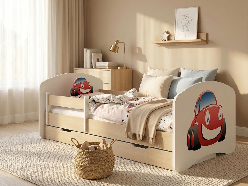 Sicheres Kinderbett "Happy" 140x70 Holzoptik | Komplett-Bett mit Schublade & Abnehmbarem Rausfallschutz, Auto, Nachbildung Helle Birne