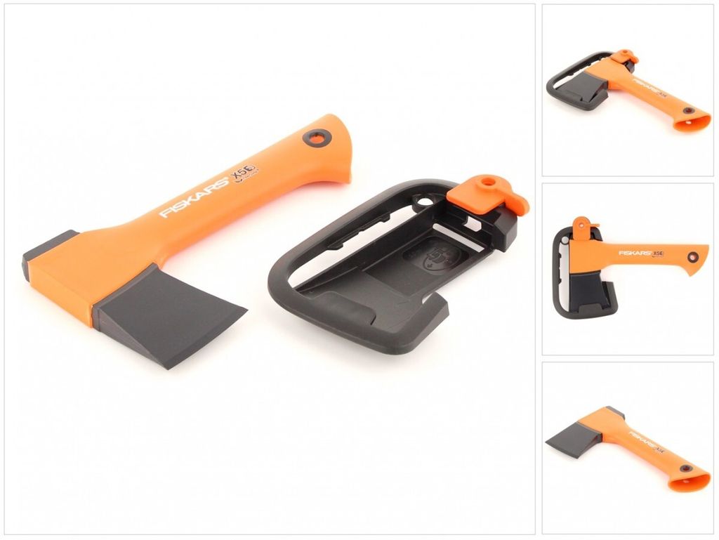 An orange and black axe with its protective sheath, displayed on a white background.