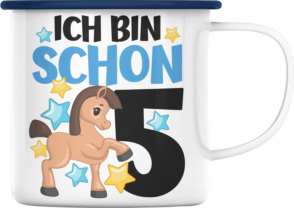 Trendation - 5. Geburtstag Mädchen Emaille Tasse Pferde Reiterin 5er Geburtstag Tochter Geschenkidee Kindergeburtstag 5 Jahre Alt (Blau)