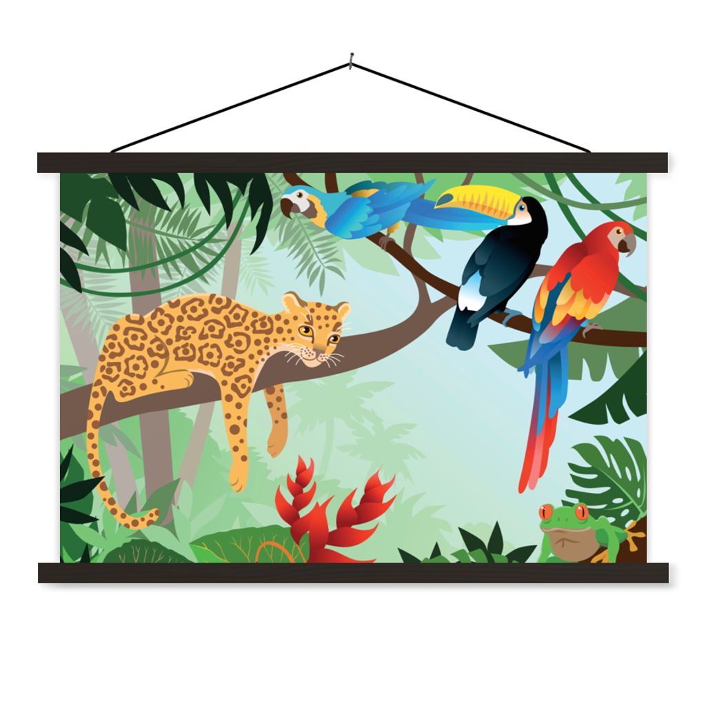 MuchoWow Textilposter Dschungeltiere - Tukan - Jungen - Mädchen - Leopard 120x80 cm mit schwarzem Rahmen - Wanddeko