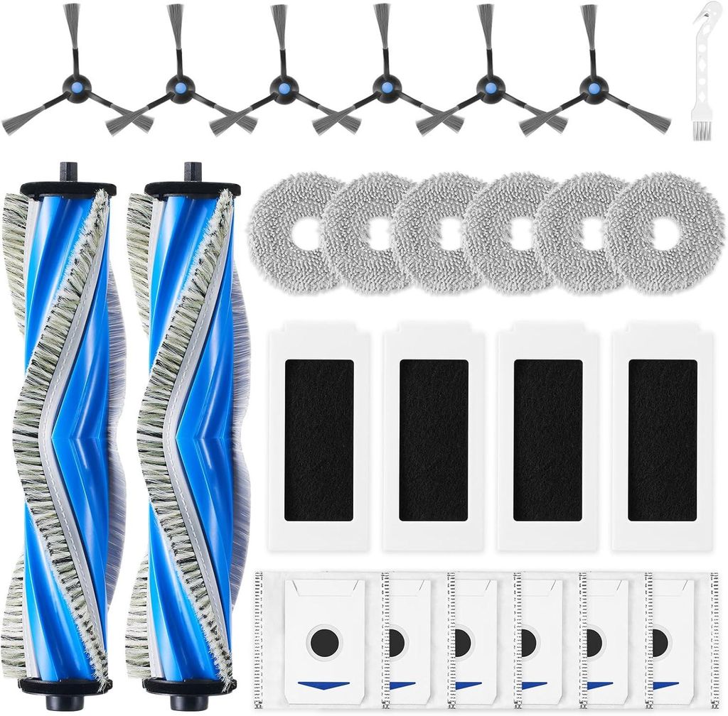 25 Stück Zubehörset für Ecovacs Deebot T30 Omni / T30 Pro Omni / T30 Saugroboter, Ersatzubehör 2 Anti Tangle Hauptbürste 6 Wischpads 6 Staubbe...