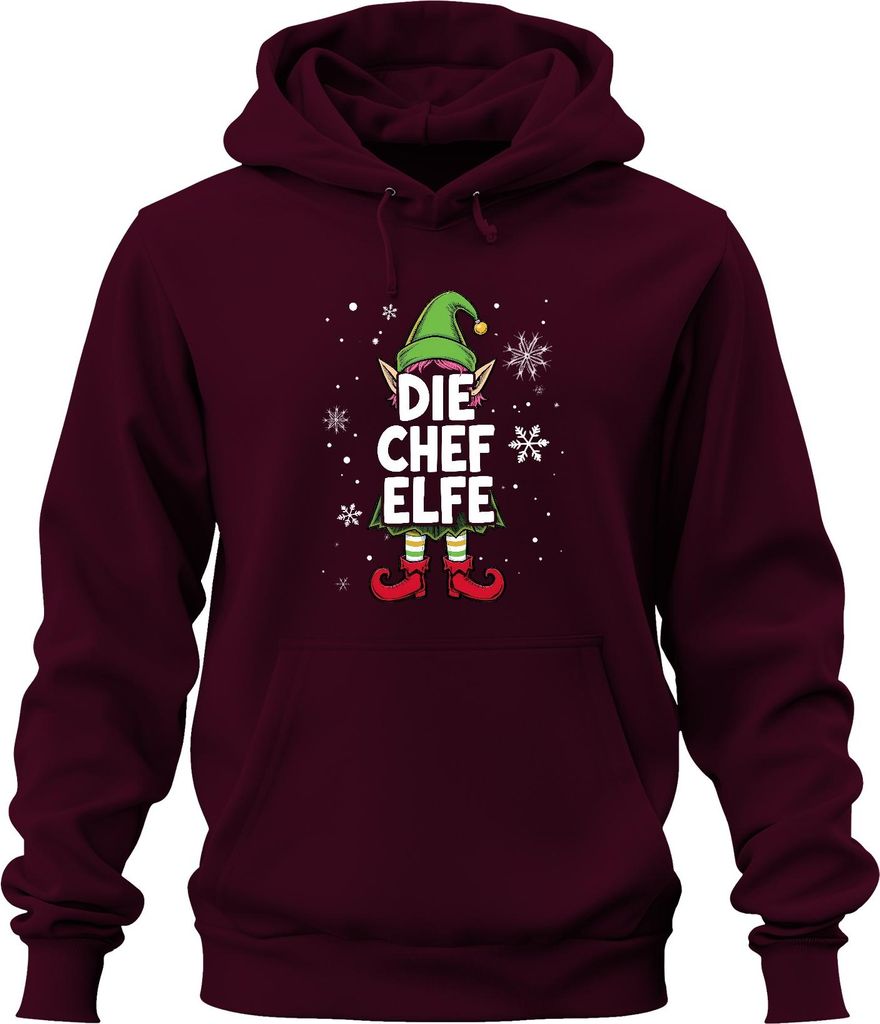 DIE CHEF ELFE Weihnachtselfe Weihnachten Wichtel Schneeflocken Uni Hoodie Kapuzenpullover, Burgundy, XL