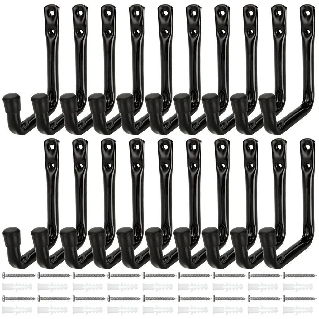 Crochet Mural Robuste Charge 20kg en Acier Noir pour Garage - 20 Pcs